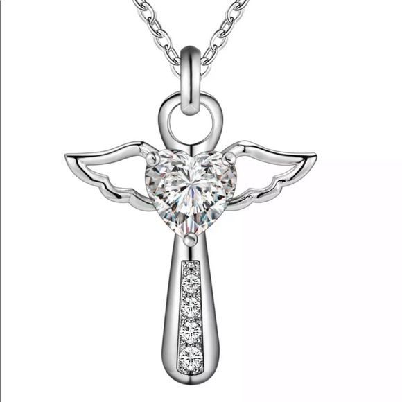 Sterling Silver Crystal Cross Angel Wings Necklace NEW - Picture 3 of 9